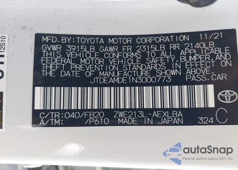 2022 Toyota Corolla Hybrid Le из США, поврежденный, VIN JTDEAMDE1N3000773